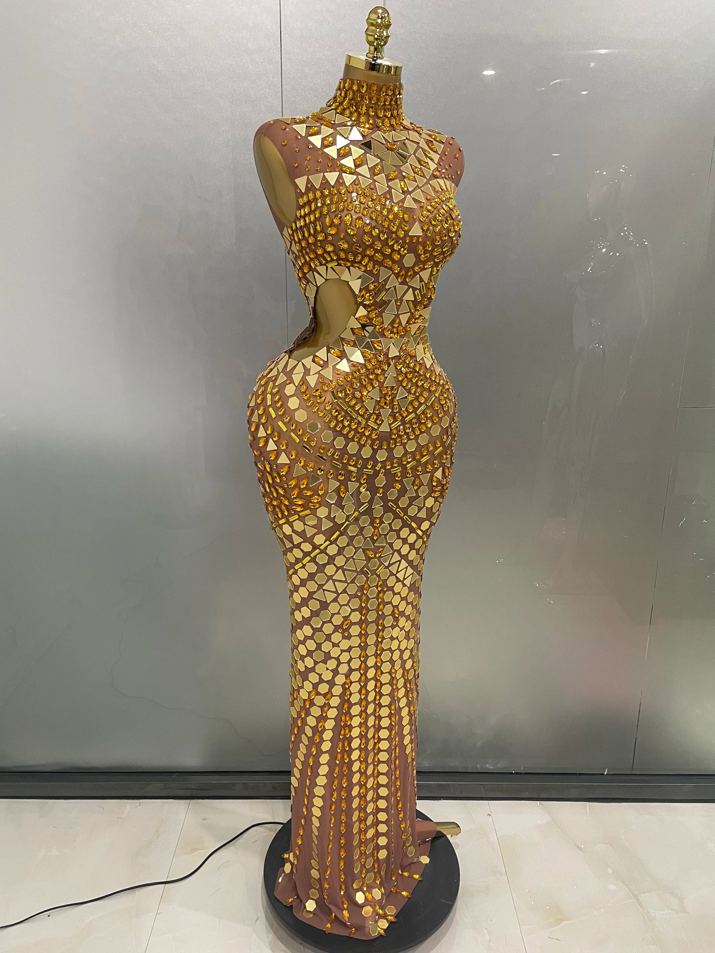 Luxury Shiny Mirror Rhinestones Hollowed-out Long Dress 2025Women Celebrity Evening Party Catwalk Prom Stage Photo Shoot Dresses