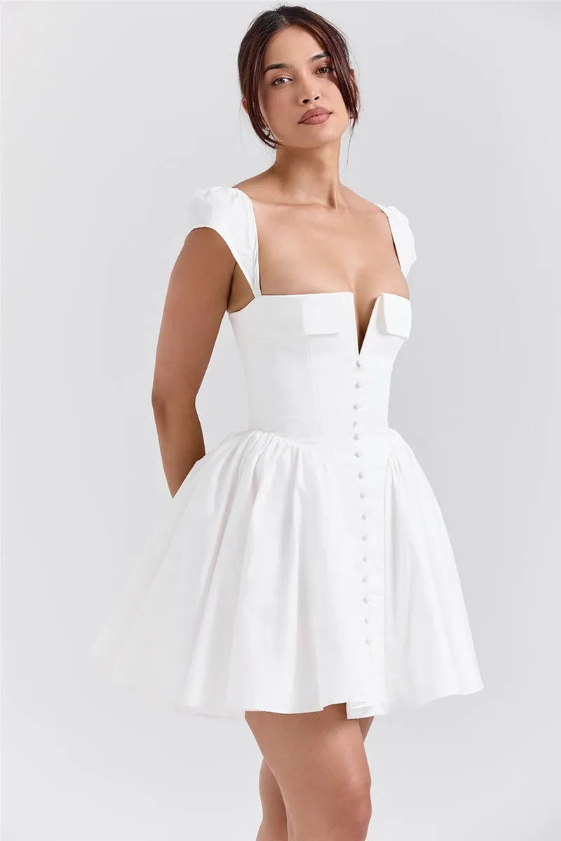 Mozision White Backless Sexy Mini Dress For Women Fashion Square Collar Short Sleeve High Waist A-line Club Party Sexy Dress