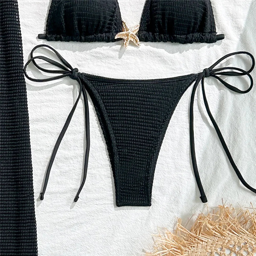 Holiday Starfish Solid Swimwears Halter String Triangle 3 Piece Bikini Set Cover Up Skirts Sexy Swimsuit Women 2025 Bikini Dames