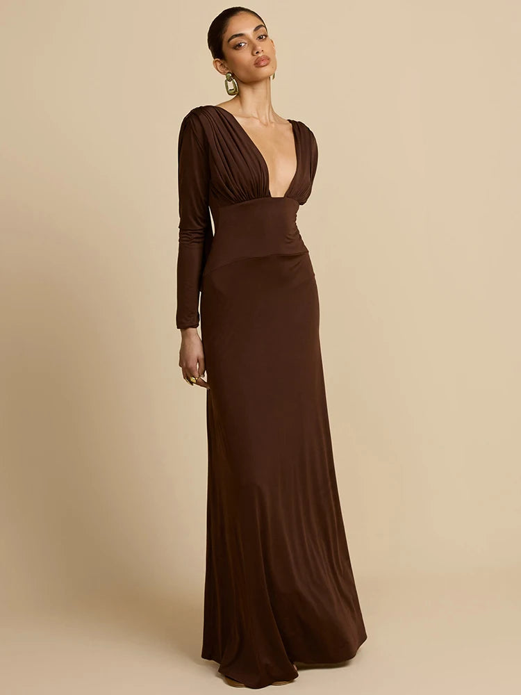 Mozision Elegant Deep V Neck  Backless Sexy Maxi Dress For Women Brown Long Sleeve High Waist Ruched Club Party Long Dresses