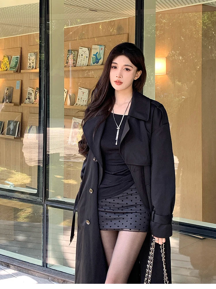 Lautaro Spring Autumn Long Black Hard Waterproof Trench Coat for Women Belt Double Breasted High Quality Luxury Overcoat 2024