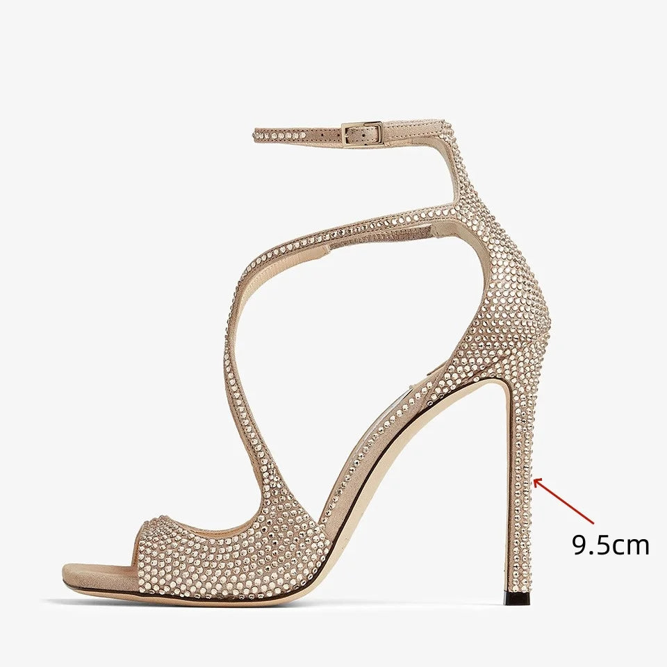 2025 Women's Spring/Summer New Style Glitter Material Fairy Style Cross Buckle with Stiletto High Heels and Open Toed Sandals