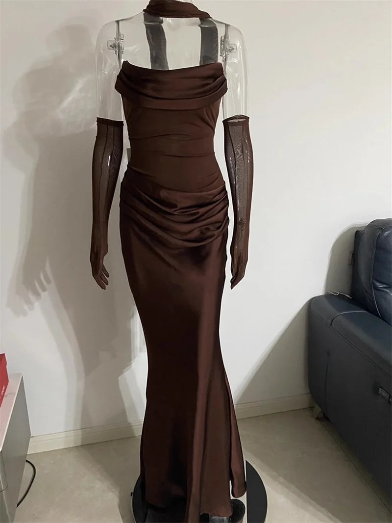 Mozision Off-shoulder Backless Sexy Maxi Dress Women Gown Elegant Scarf Collar Strapless Sleeveless Bodycon Club Party Dresses