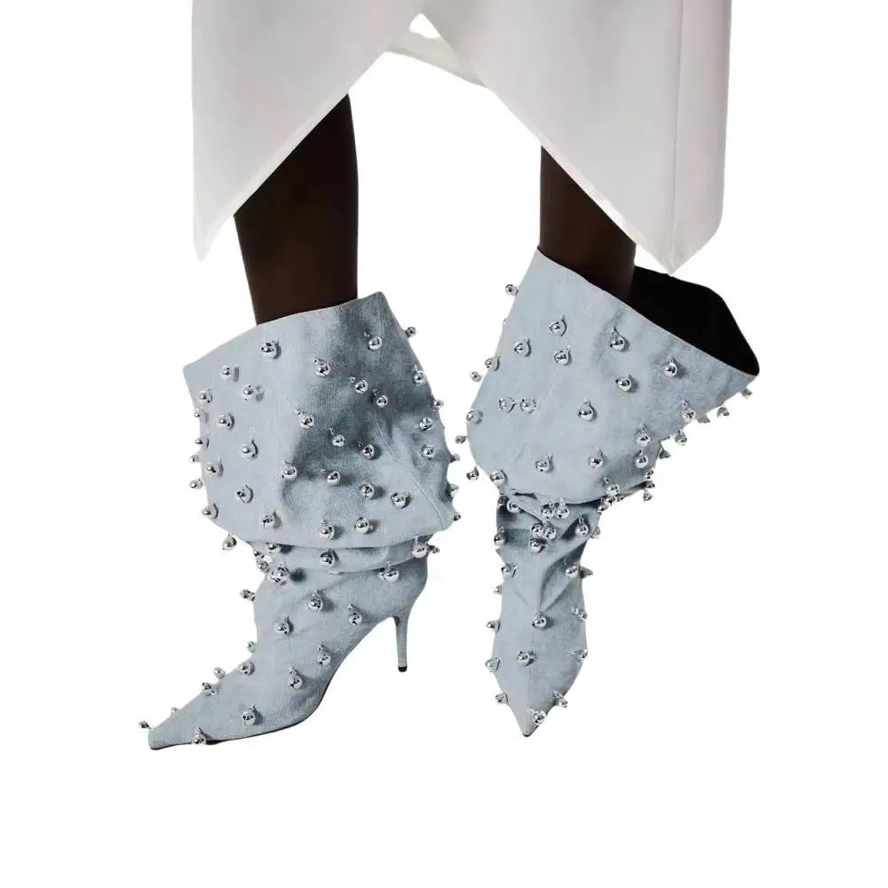 European Niche Design, High-quality Slim High Heels, Wide Knee Boots, Women's Fashionable and Sexy Studded Pleated Sleeve Boots