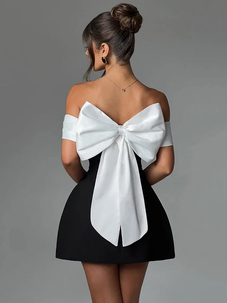 Mozision Bow Backless Sexy Mini Dress For Women Robe Elegant Off-shoulder Strapless Sleeveless A-line Club Sexy Dress Vestido Wofashion.xyz