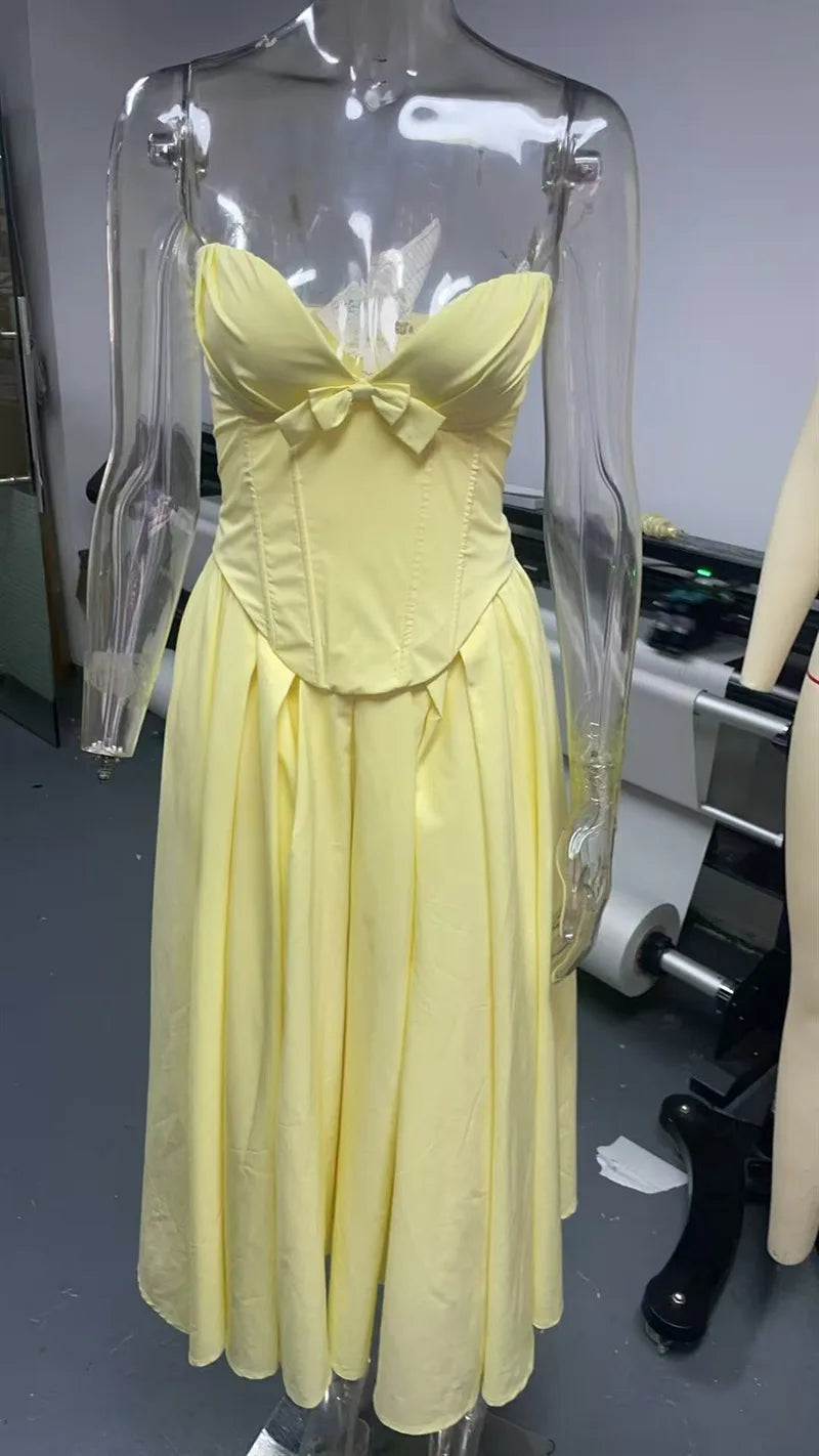 Mozision Off-shoulder Strapless Sexy Midi Dress Women Elegant Fashion Bow Sleeveless Backless High Waist A-line Club Party Dress