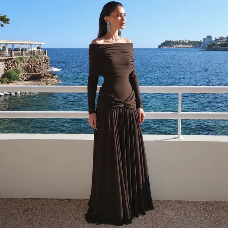 Dulzura Off Shoulder Long Sleeve Backless Ruched Slim Fit Pleated Long Dress Women'S Solid Sexy Dress Clothes Party Club Clothes