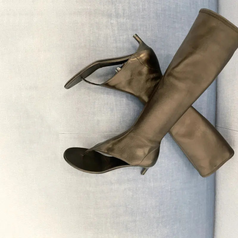 2023 Women's European and American Fashion Designer Brand Slim Heel Runway Shoes with Toe Clip and Knee Side Zipper High Boots