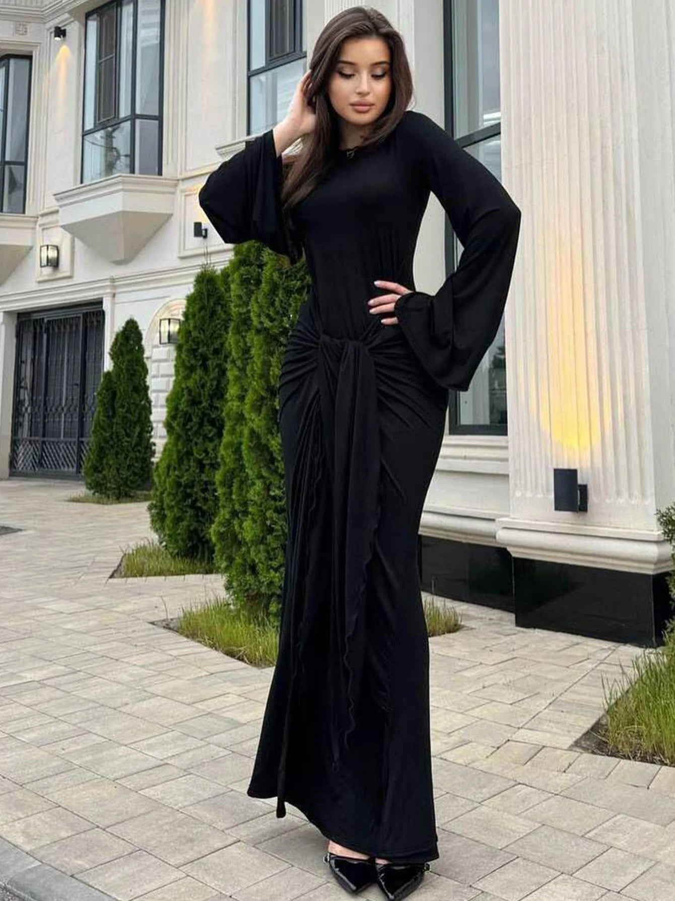 Dulzura Autumn Fashion Elegant O-Neck Long Flare Sleeve Ruched Slim Fit Ribbon Long Dress Women'S Solid Casual Party Club Outfit