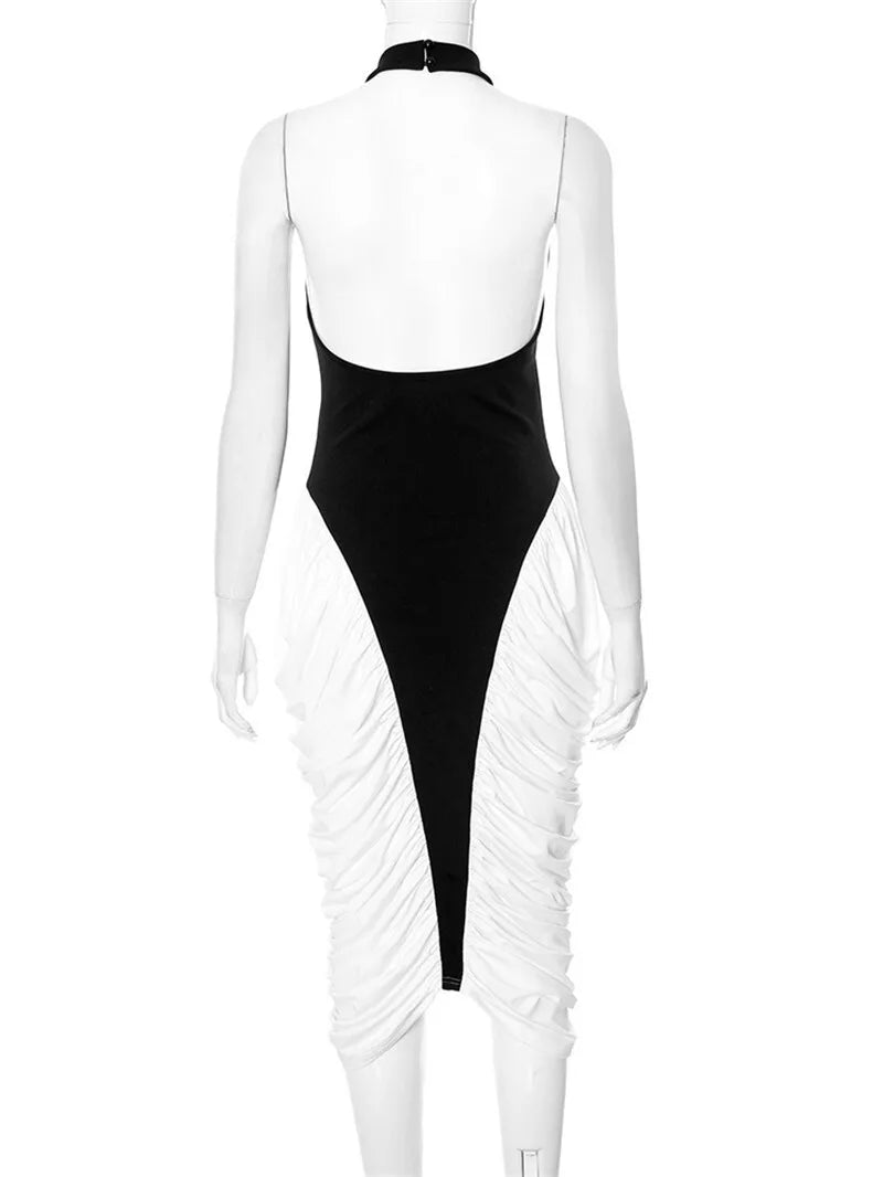 Mozision Patchwork Halter Backless Sexy Midi Dress Women Gown Elegant Fashion Contrast Color Sleeveless Pleated Long Dress