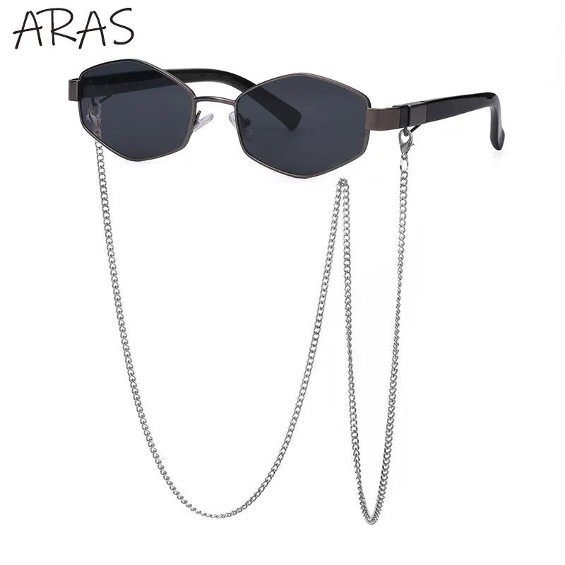 Trendy Retro Hexagon With Chain Sunglasses Women 2023 Brand Designer Unique Polygonal Sun Glasses For Female Small Frame Eyewear