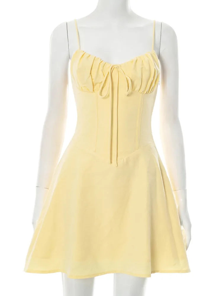 Mozision Spaghetti Strap Lace-up Sexy Mini Dress Women Elegant Off-shoulder Sleeveless Backless High Waist A-line Club Dress