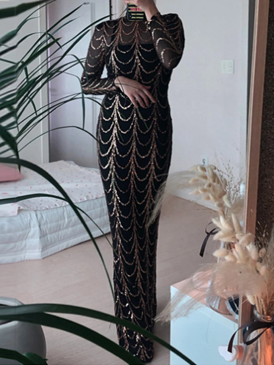 Missord Wave Sequin Party Dresses Elegant Women High Neck Long Sleeves See Though Bodycon Evening Prom Dress With Line Long Gown