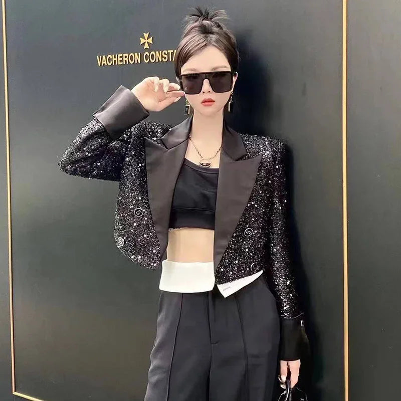 Elegant Sequined Blazer Women Spring Autumn Vintage Notched Long Sleeve Tops Crop Jacket Black Coat Cardigan Outwear