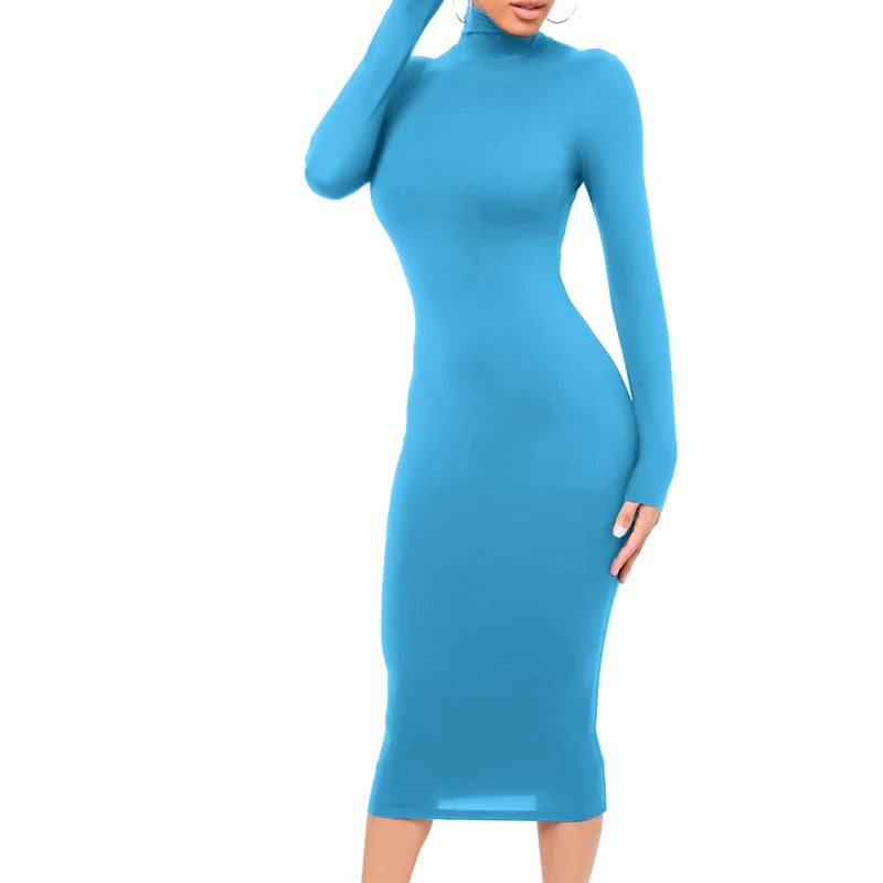 Winter Black Turtleneck Sexy Women Dress Autumn Long Sleeve Skinny Midi Boydcon Casual Blue Plush Knee-Length Party Club
