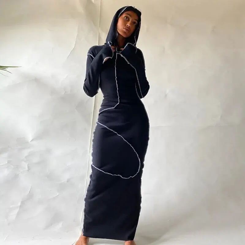 Dulzura Women 2024 Autumn Winter Fashion Long Sleeve Streetwear Bodycon Black Long Dress Wholesale Items For Business