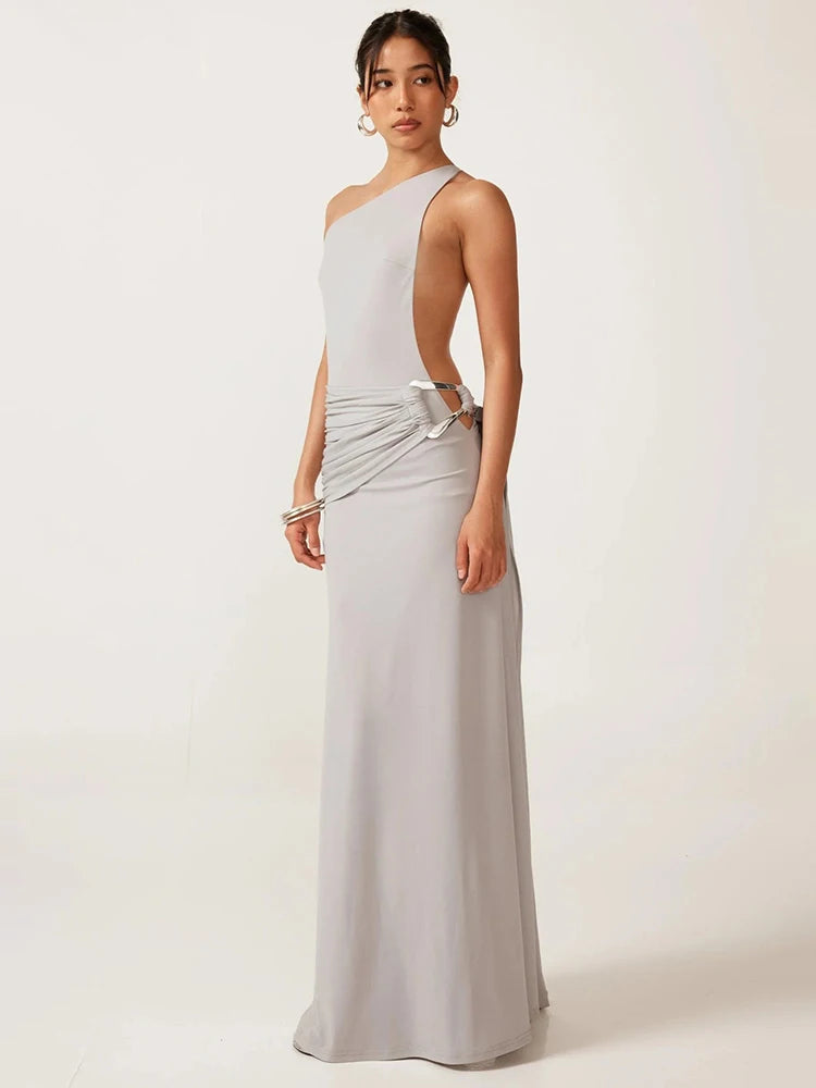 Mozision One Shoulder Backless Sexy Maxi Dress Women Gown Fashion Metal Buckle Diagonal Collar Sleeveless Draped Club Long Dress