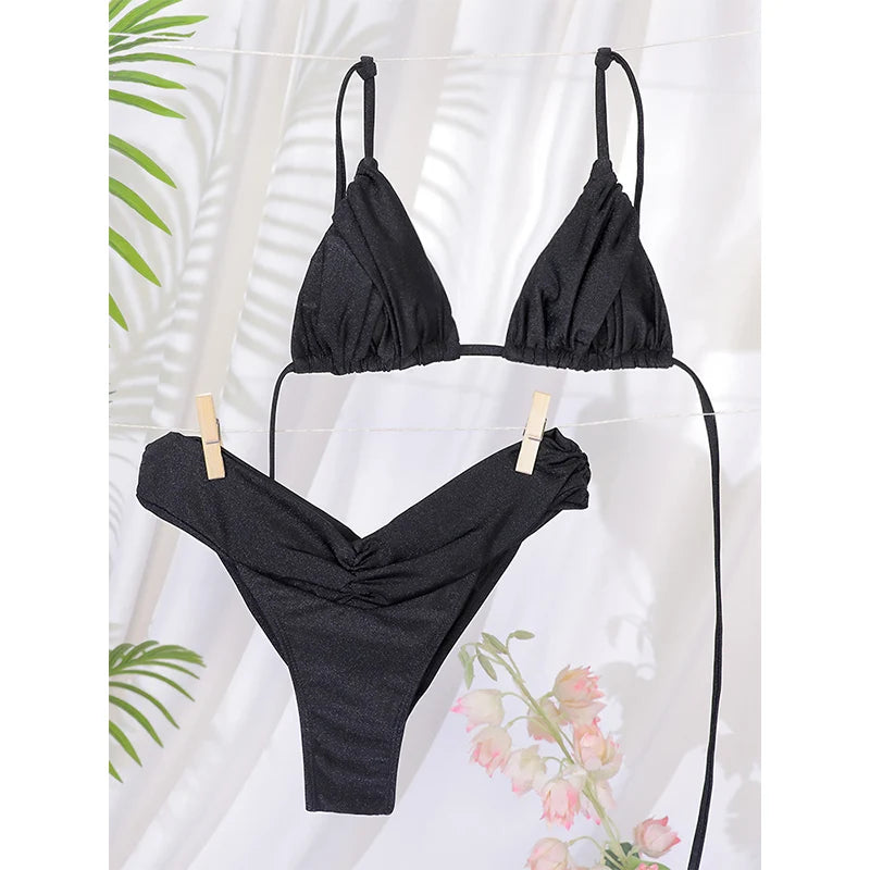 Triangle Bikinis Sexy Swimsuit Women Bandage Swimwear 2025 Bikini Set Solid Color Beachwear Two Piece Suit Female Swimsuits
