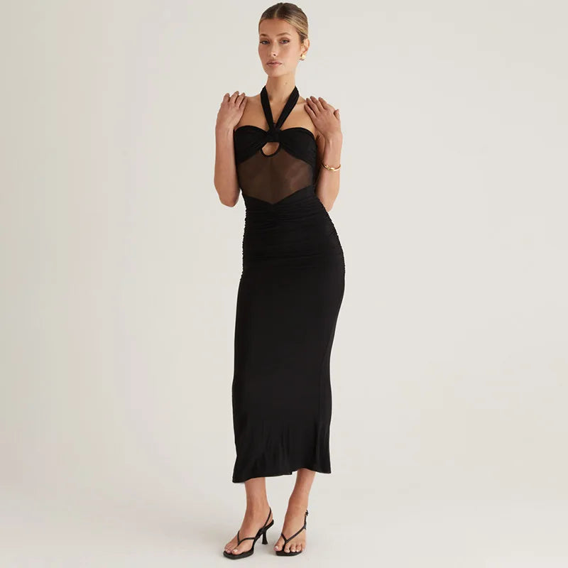 Mozision Hollow Out Halter Sexy Maxi Dress Women Gown Summer New See Through Mesh Sleeveless Backless Bodycon Club Long Dress