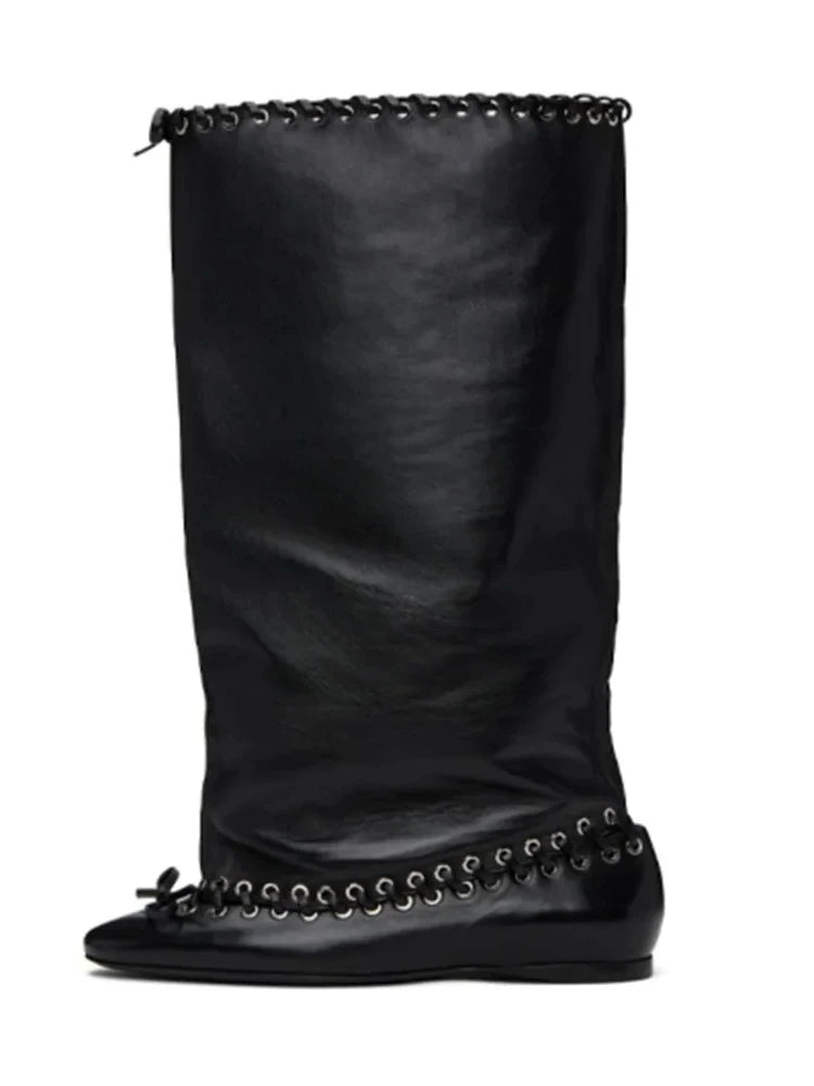 2025 Early Autumn New European and American Fashion Show Niche Fashion Slimming Wide Tube Height Increasing Pleated Pile Boots