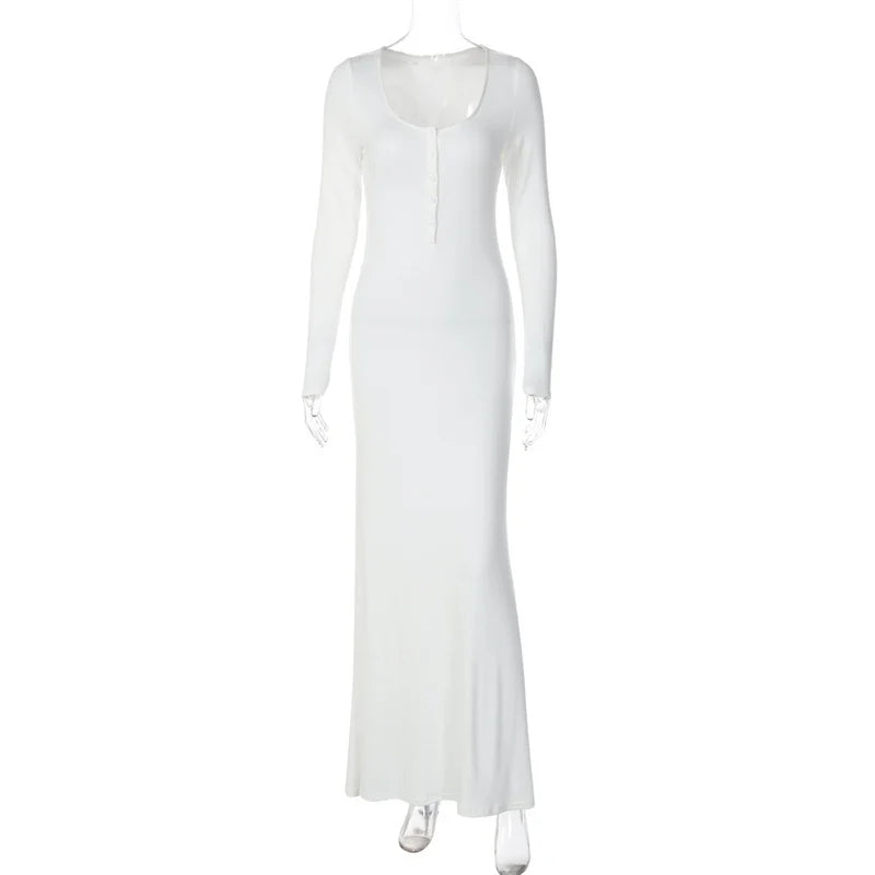 Mozision Square Collar Long Sleeve Sexy Maxi Dress For Women Autumn Winter White Single-breasted High Waist Bodycon Club Dresses
