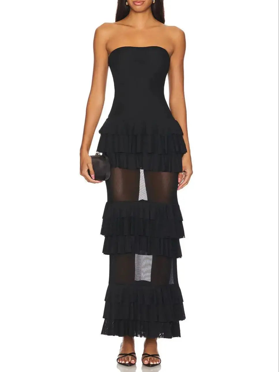 New 2025 Women Celebrity New Sexy Strapless Black Lace Mesh Long Bodycon Dress Elegant Evening Party Club Dress