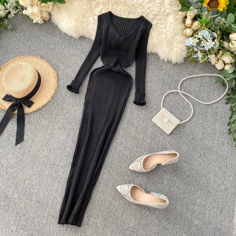 Women's Knitted Midi Dr Pure Color Long Sve Slim Fit High Waist V-Ne Korean Sle Faionable Autumn Winter Dr