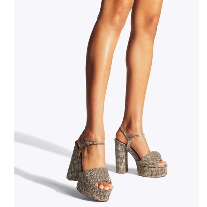 2025 Summer New Waterproof Platform Hot Diamond Thick Bottom Thick High Heels Fashion Square Head Versatile Buckle Strap Sandals