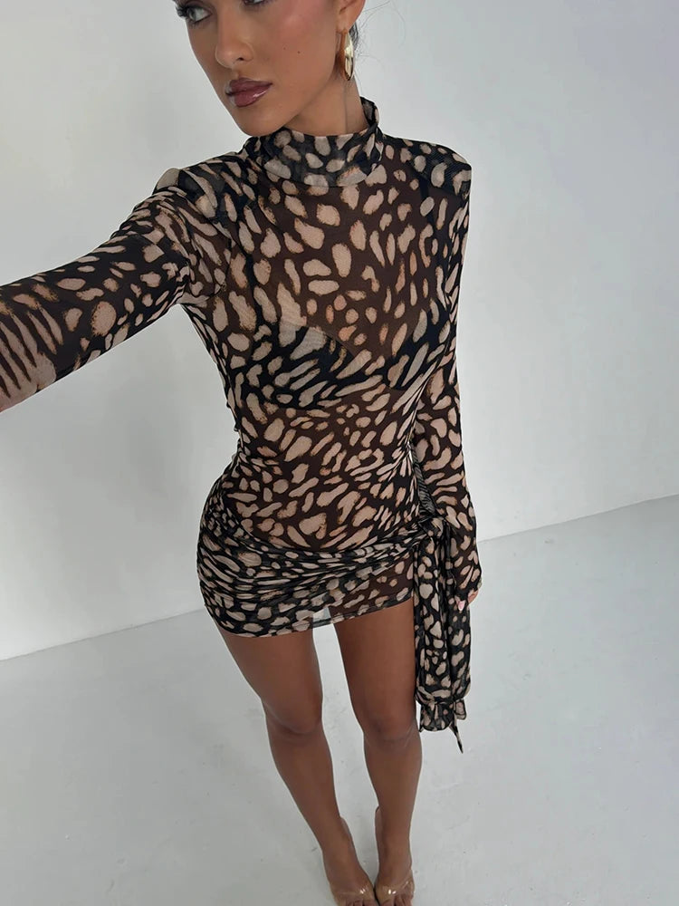 Fantoye Turtleneck Sexy Sheer Print Leopard Bandage Women Dress Long Sleeve Mini Dress Lady Spring Slim Elegant Party Club Dress