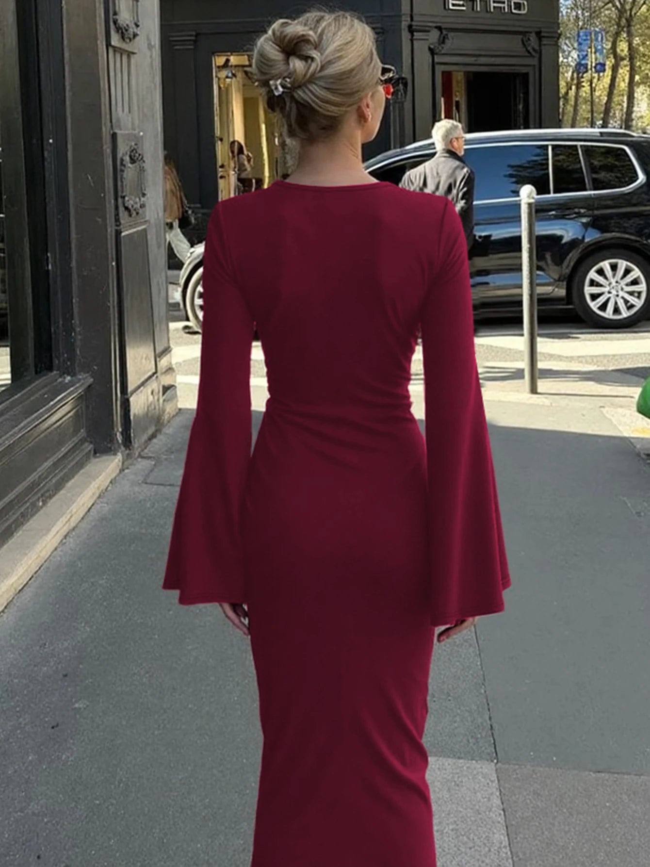 Dulzura Autumn Fashion Elegant O-Neck Long Flare Sleeve Ruched Slim Fit Ribbon Long Dress Women'S Solid Casual Party Club Outfit