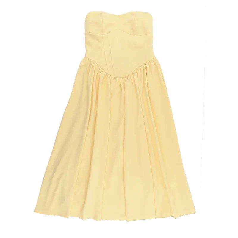 NIDANSSI Yellow Strapless Backless Evening Party Dress Women Pleated Bodycon Elegant Sexy Dress Midi Long Summer Dress Vestidos