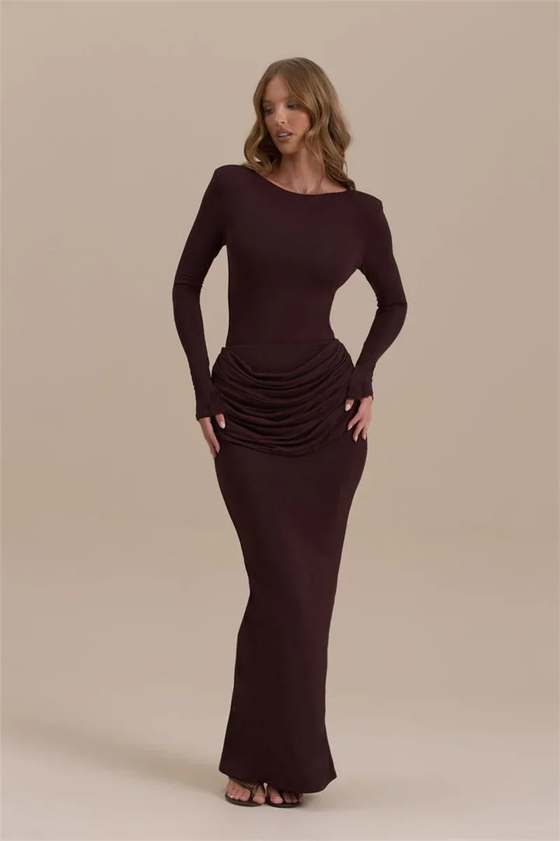 Long Sleeve Ruched Sexy Maxi Dress For Women Gown Autumn Winter New O Neck High Waist Bodycon Club Party Long Dresses