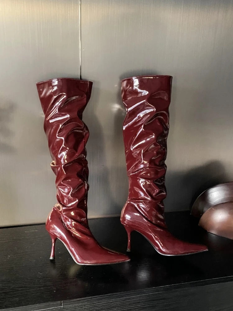 New style women's long boots, pointed toe design, black and burgundy colors, high heel, shiny pleated high heel women's boots