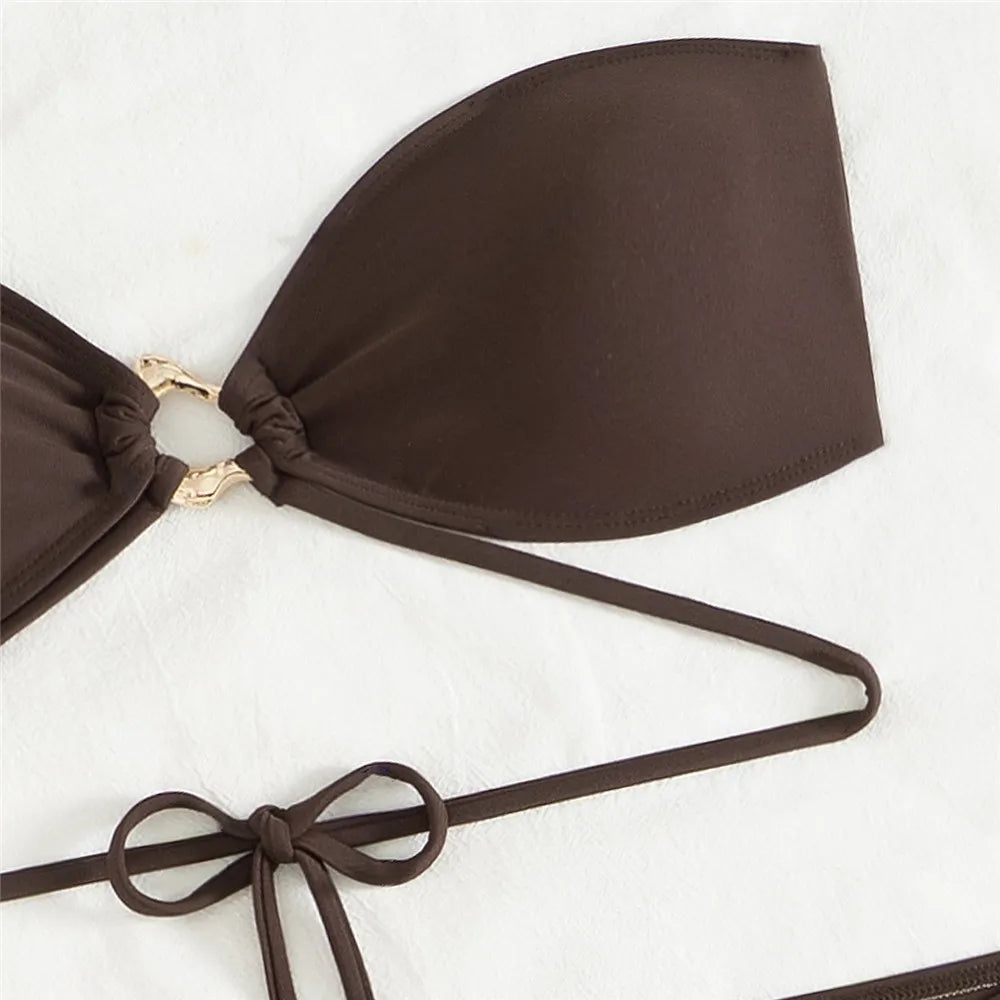 Brown Bandeau Bikinis De Mujer Sexy Swimsuit Cover Ups Women Metal Ring Swimwear 2025 Beach Wear Mini Skirts 3 Bikini Piece Set