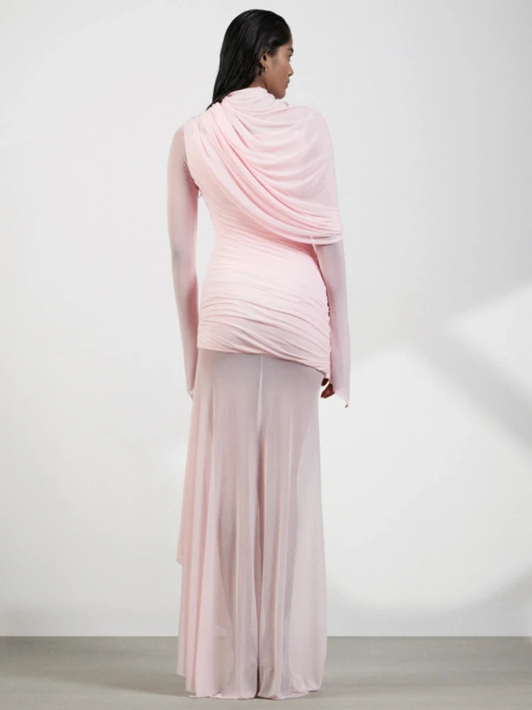 Sexy O Neck Mesh Patchwork Folds Long Dress Women Pink Long Sleeves Asymmetrical Folds Slim Dresses Evening Party Formal Gowns