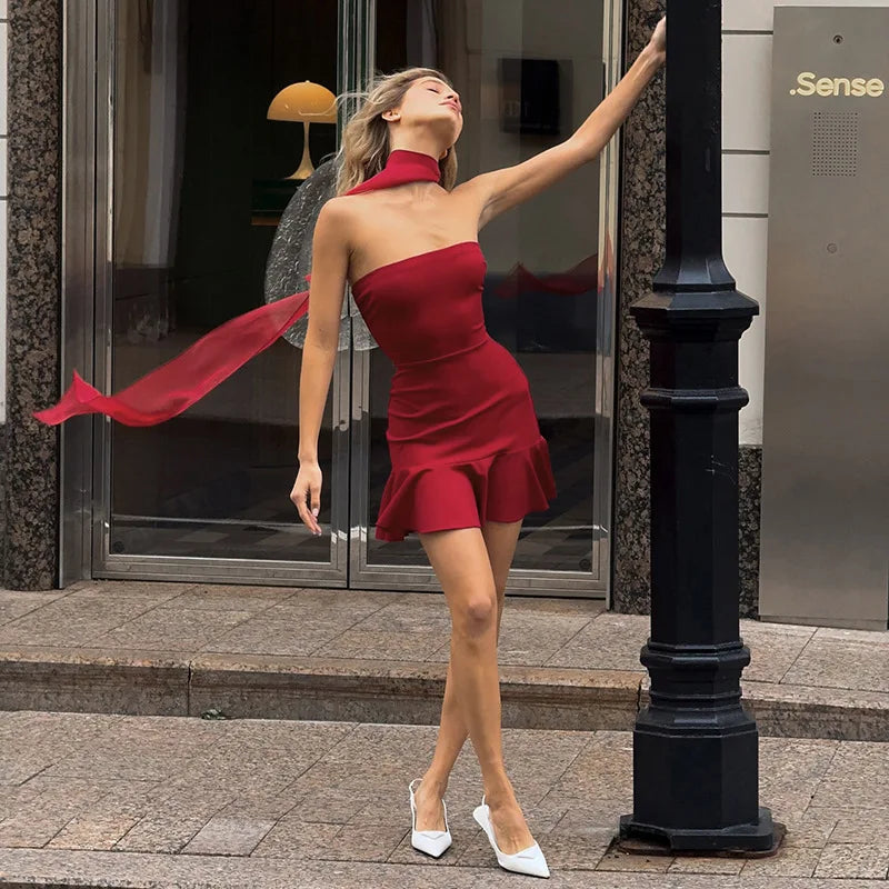 Mozision Halter Off-shoulder Strapless Sexy Mini Dress Women Fashion Scarf Collar Backless Sleeveless Ruffle Club Party Dresses