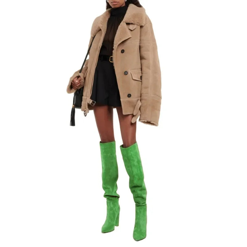 Ladies' Autumn and Winter Suede Thick High-heeled Oversized Knee High Boots, European and American Sexy Versatile Sleeve Boots