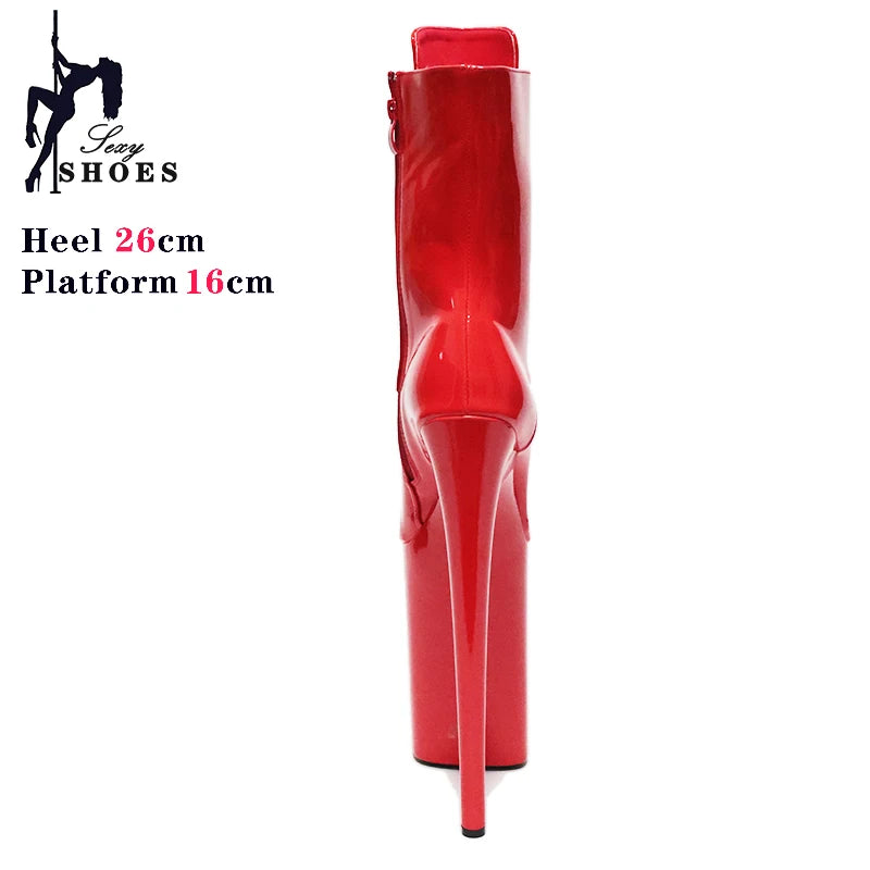 New 26cm/10inchs Super High Heels Women's Boots Stiletto Matte Black Patent Leather Zipper Ankle Boot Pole Dance Striptease Shoe