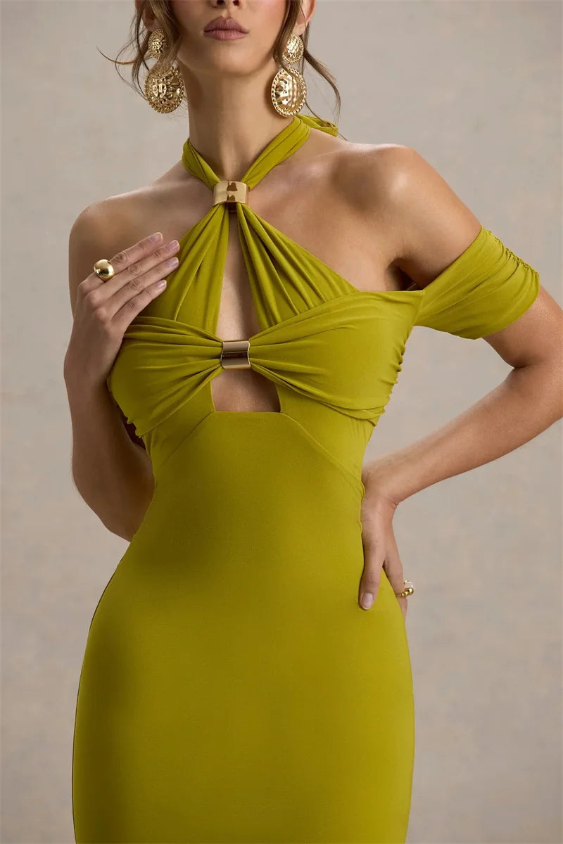 Mozision Hollow Out Halter Backless Sexy Midi Dress Women Fashion Off-shoulder Sleeveless Skinny Club Party Long Dress Elegant