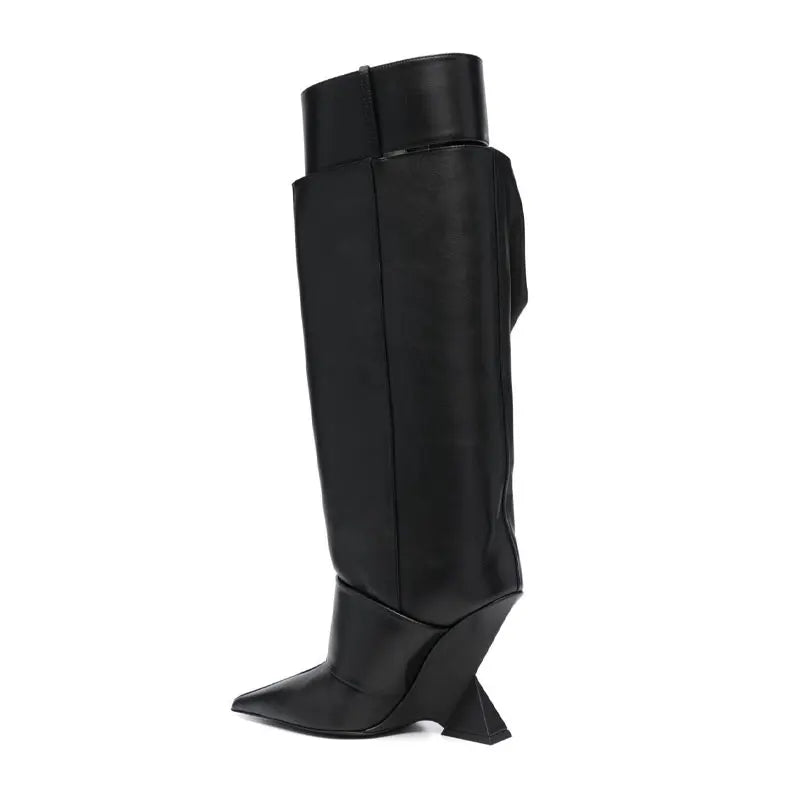 2023 European and American Designer Brand Runway Boots, Women's Fashion Belt Buckle Decoration, Irregular Heel Sleeve Boots