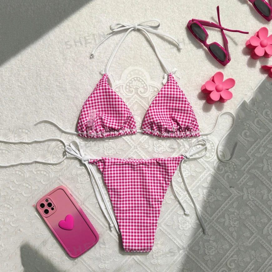 Red Plaid String Halter thong Micro Bikini for Women Mini Swimwear Lace-up Sexy Swimsuit Bathing Suit Triangle Bikinis Sets 2025