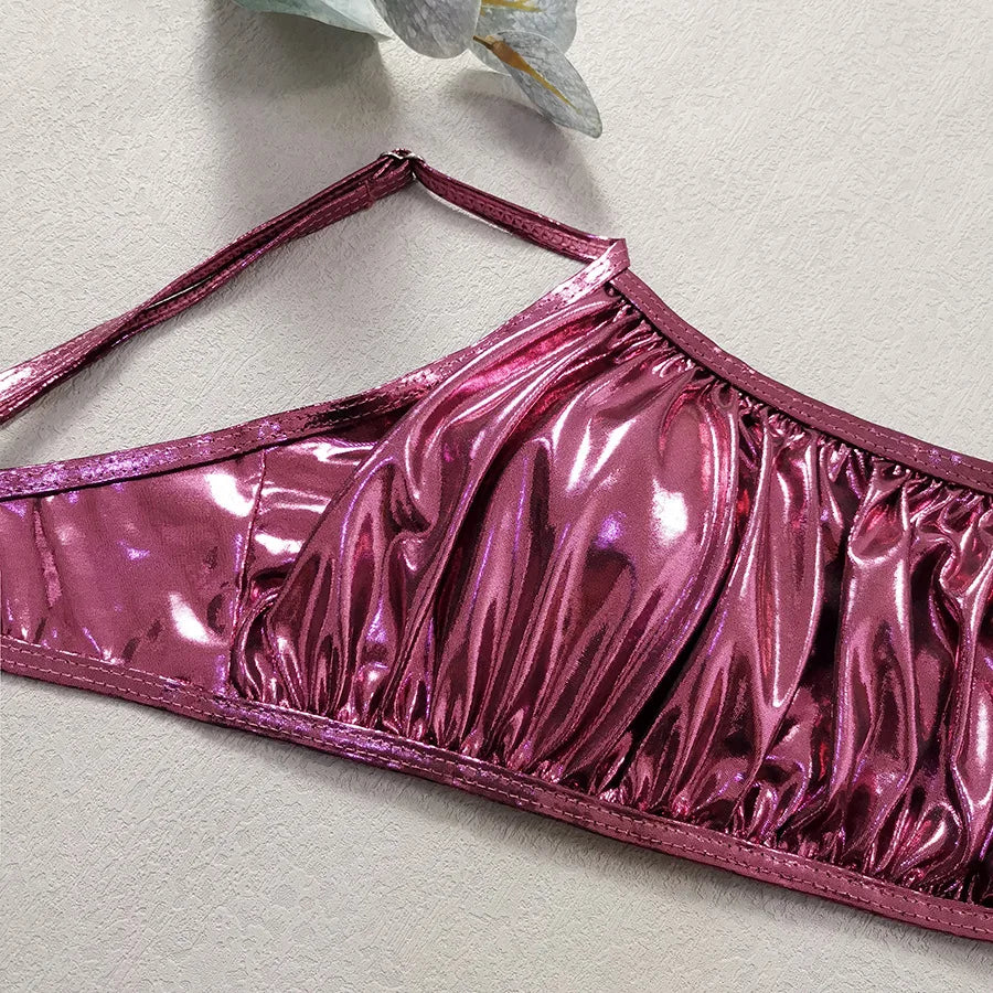 Shiny Pink Micro Thong 3 Piece Bikini Set Damen Women 2025 Sexy Swimsuit with Skirt Cover Up Bandeau Swimwear Beachwear Bikinis