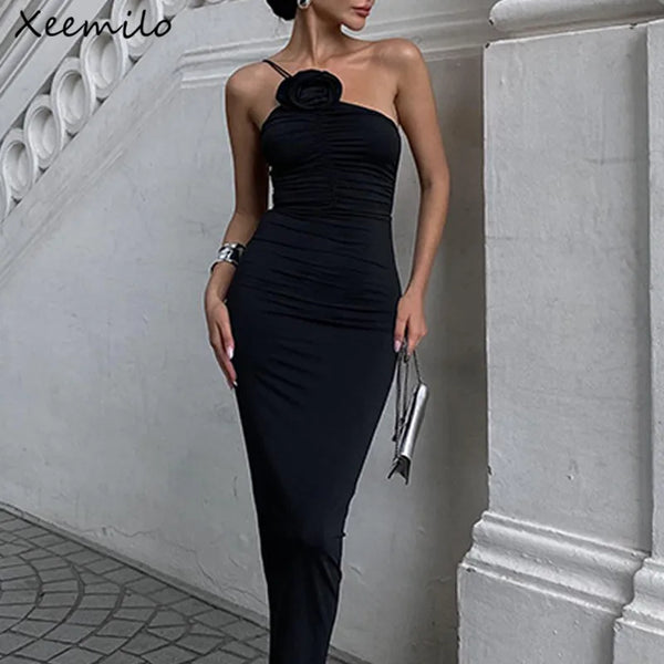 Xeemilo Elegant Sleeveless Slim Black Dress Aesthetic Oblique Strap Backless Prom Dresses French Retro Evening Party Skinny Robe Wofashion.xyz