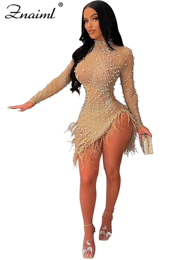 Znaiml Luxury 2023 Evening Celebrity Feathers Sheer Mesh Short Dresses for Women Sexy Pearls Rhinestones Party Birthday Vestidos