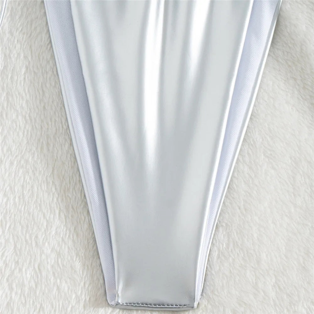 Shiny Silver Micro Bikini Thong Set Sexy Swimsuit Women Lace-up Bathing Suit Solid Swimwears Bathing Suit Bikinis Woman 2025