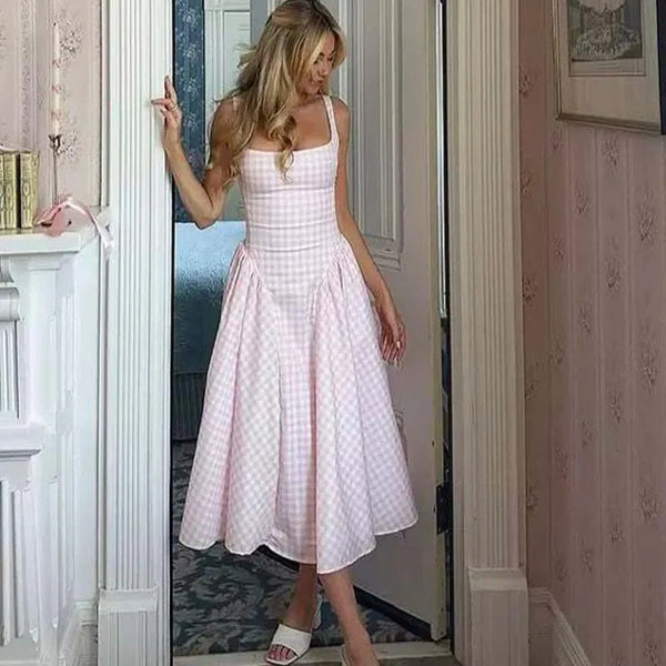 YENKYE Lace Up Bandage Plaid Sling Dress Women Elegant Square Neck Low Waist A-line Midi Summer Dresses Holiday Party Robe 2025 Wofashion.xyz