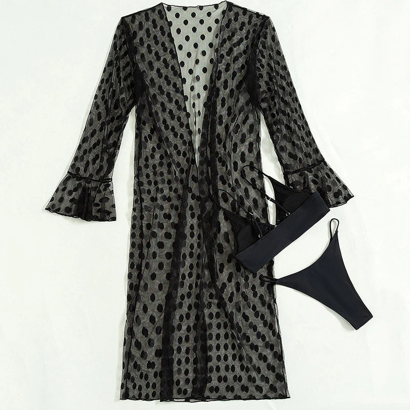 Black Mico Thong 3 Piece Bikini Set Damen Swimwear Polka Dot Mesh Cover Up Kaftans Sexy Swimsuit Women 2024 Beachwear Bikinis