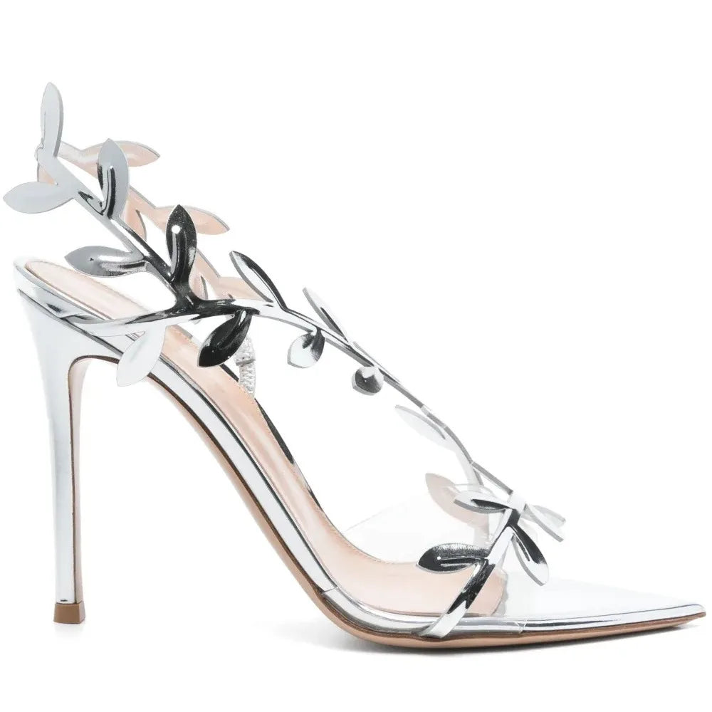 2025 Women's Summer New Style Lacquer Leather Leaf Fairy Style Strap Stiletto High Heels Pointed Open Toe Fashion Sandals