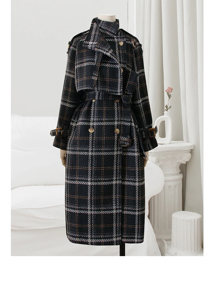 Lautaro Autumn Winter Long Loose Warm Plaid Wool Blends Trench Coat for Women Raglan Sleeve Belt Double Breasted Woolen Overcoat