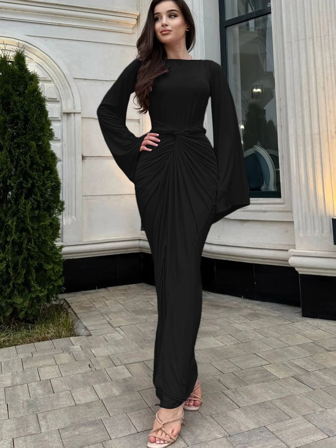 Dulzura Autumn Fashion Elegant O-Neck Long Flare Sleeve Ruched Slim Fit Ribbon Long Dress Women'S Solid Casual Party Club Outfit